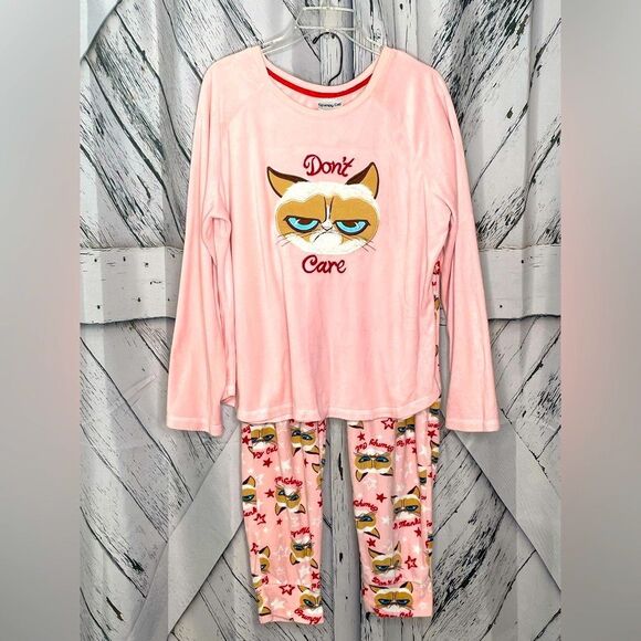 Grumpy Cat Don’t Care Pajama Set Pink Fleece Size XL (16-18) - Picture 1 of 8